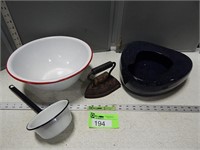 Bed pan, enamelware ladle and bowl and an antique