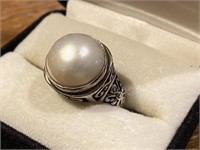 Sterling Silver Faux Pearl Ring Size 8