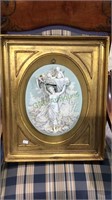 Gold framed vintage Porcelain plaque, lady