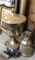 Silverplate covered jar, large brass bell, metal