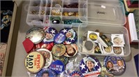 Box of jewelry beads, campaign buttons and pins,