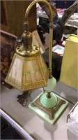 Antique green glass lamp with slag glass shade,