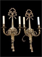 Pair Antique Brass Double Light Wall Sconces