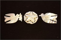 3 HANDCARVED MOTHER-OF-PEARL BROACHES