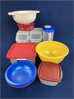 Assorted Plastic storage containers, strainer and