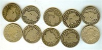 1892-1914 Barber 25c Nice Good 10pc Lot