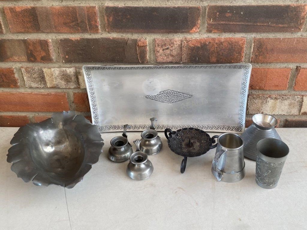 Pewter Tray, Cups, Bowls etc