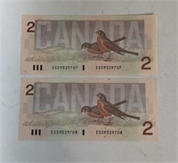 PAIR CONSECUTIVE TWO DOLLAR CANADIAN BILLS