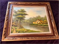 B. Johnson Cottage on Water Oil Painting