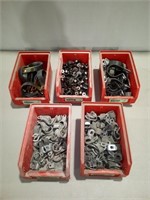 5 Bins of Assorted Size Hose Clamps