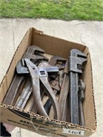 BOX FULL OF 11 PIPE WRENCHES