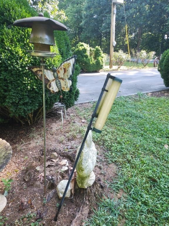 Bird feeder, rain gauge, chicken and butterfly