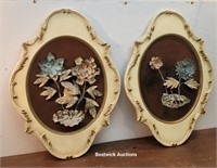 Pr 1950s floral shadow box flowers - metal and