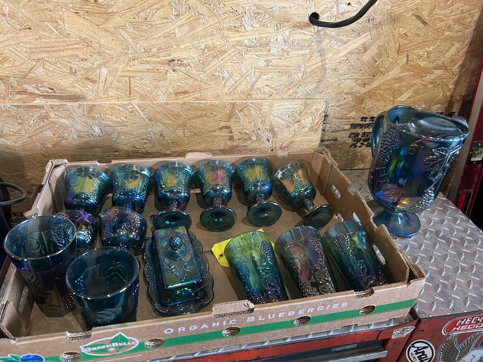 Large lot of blue Carnival glass pitcher goblets