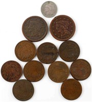US TYPE LARGE CENT 2 CENT & 3 CENT COINS LOT OF 12
