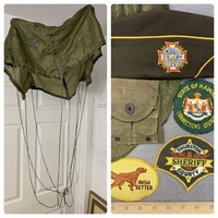 US Military Cargo parachute, VFW Cap, Patches