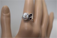 Sterling Fresh Water Pearl & Garnet Ring  Sz 7-3/4