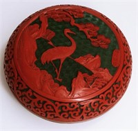 Chinese Cinnabar Brass Crane Domed Lacquer Box