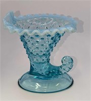 Vintage Blue Hobnail Cornucopia Style Vase Or Cand