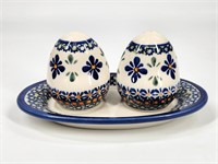 POLISH POTTERY DECORATED SALT & PEPPER ON TRAY