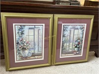 Pair Gold Framed and Matted Floral Prints,