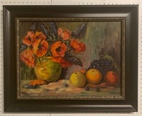 Vintage Framed Oil Painting of Poppies and Fruit