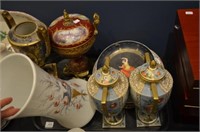 Tray of porcelain comports, urns and decoratives