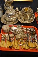 Two trays of silverplate flatware & serving pieces
