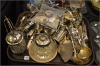 Tray of silverplate flatware & serving pieces