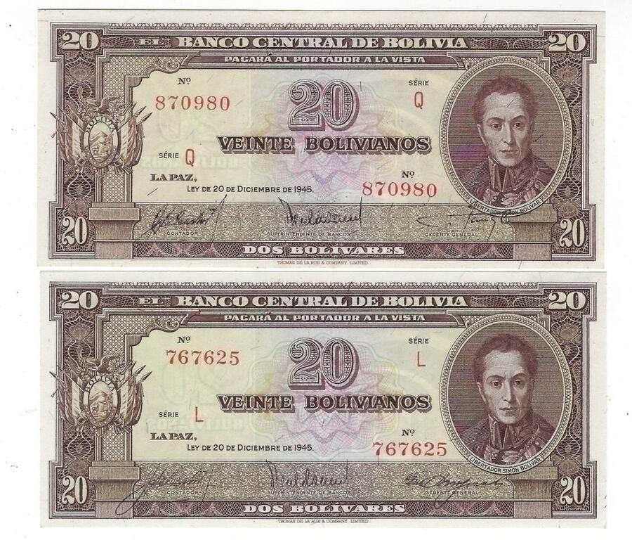 Bolivia 20 Bolivianos 1945 UNC x 2.est $40. BO1a