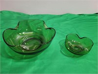(2) Vintage MCM Folded Side Green Glass Bowls