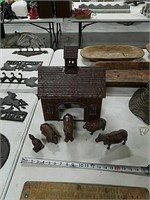 Cast iron barn with 5 cast animals