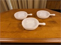 Three Vintage Milk Glass Handled Bowls