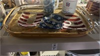 Shelf lot - basket tray, 2 mugs, and United