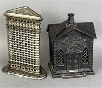 2 cast iron building shaped banks ca. 1882-1926;