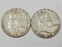 2-1954 Ben Franklin Silver Half Dollar Coins