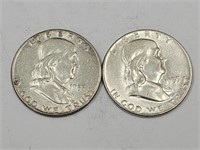 2- 1955 Ben Franklin Silver Half Dollar Coins