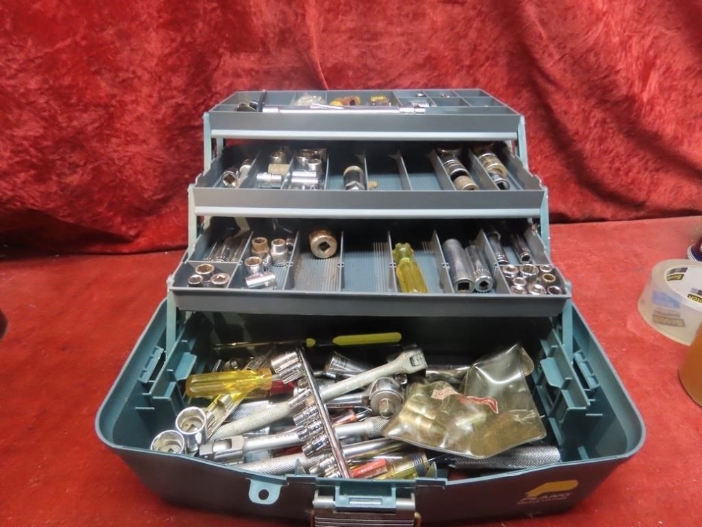 Tool box full of assorted sockets & tools.