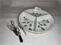 Holly & Berry divided tray w/ 4 cheese spreaders