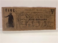 1862 5 Dollar State Of Texas Treasury Warrant