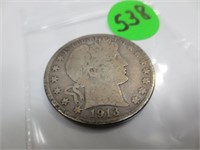 1913-S Barber silver half dollar, very good