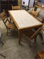 Oak Tile Top Table with Drawer & 4 Chairs
