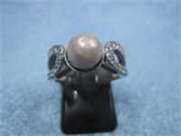 SS Vtg Hallmarked Genuine Pearl & Czs Ring