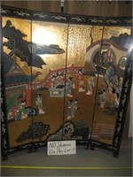 Vintage Hand Painted Asian Black Lacquer Screen