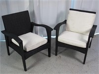 (2) Black Wicker Patio Chairs w/ White Cushions
