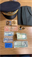 Military: old currency, pins, hats