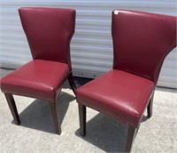 Pair red leather style nailhead studded chairs