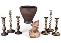 Antique Stoneware, Chalkware, & Brass Candlesticks