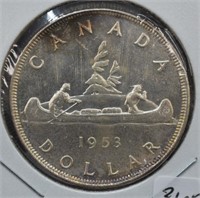 1953 Choice Unc Canada Indian Canoe Silver Dollar