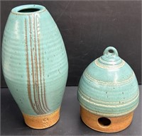 Stoneware Pottery Birdhouse & Vase Marked